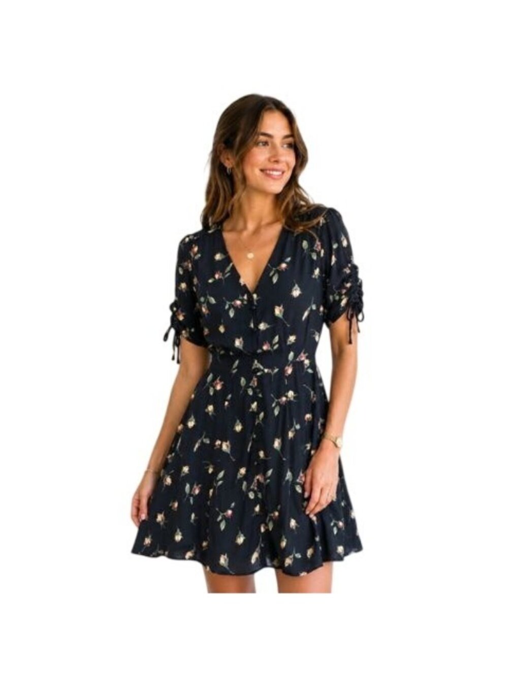 Paige Floral Print Midi Casual Dress Ruched Sleeves V-Neckline Navy Size XS  New